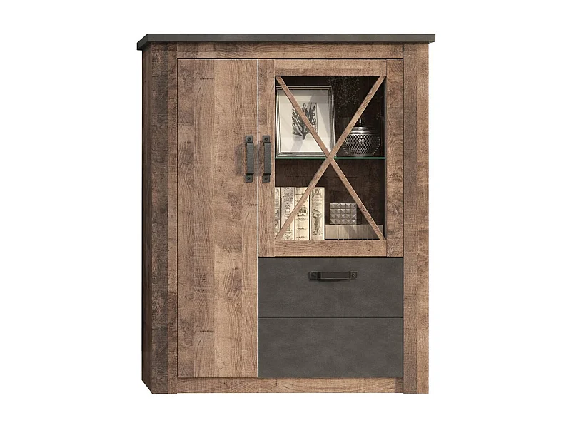 Vitrine 3 portes mélaminé chêne foncé et gris Aria