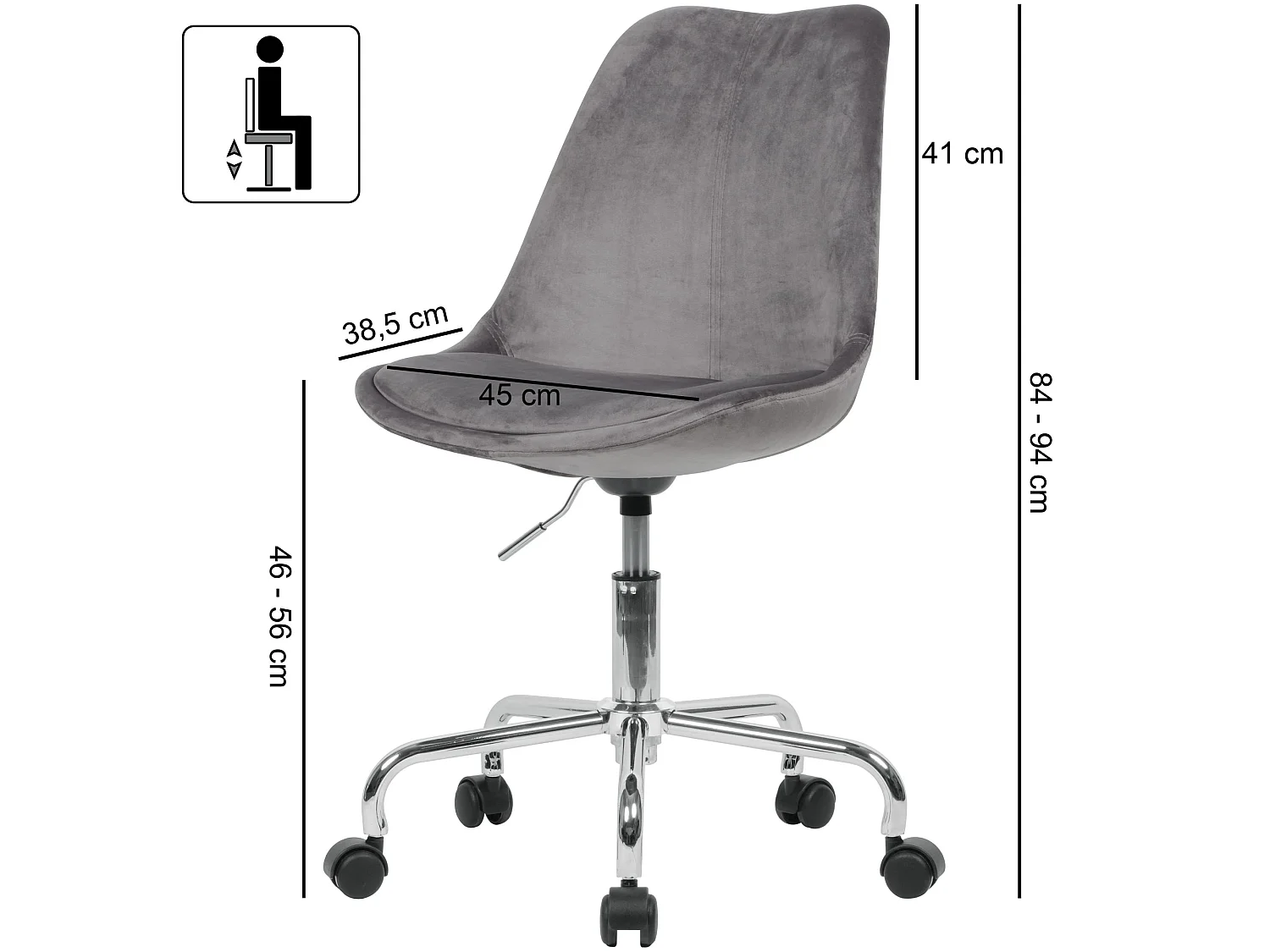 Chaise de bureau Chaise pivotante en velours avec roulettes Chaise coque 110 kg