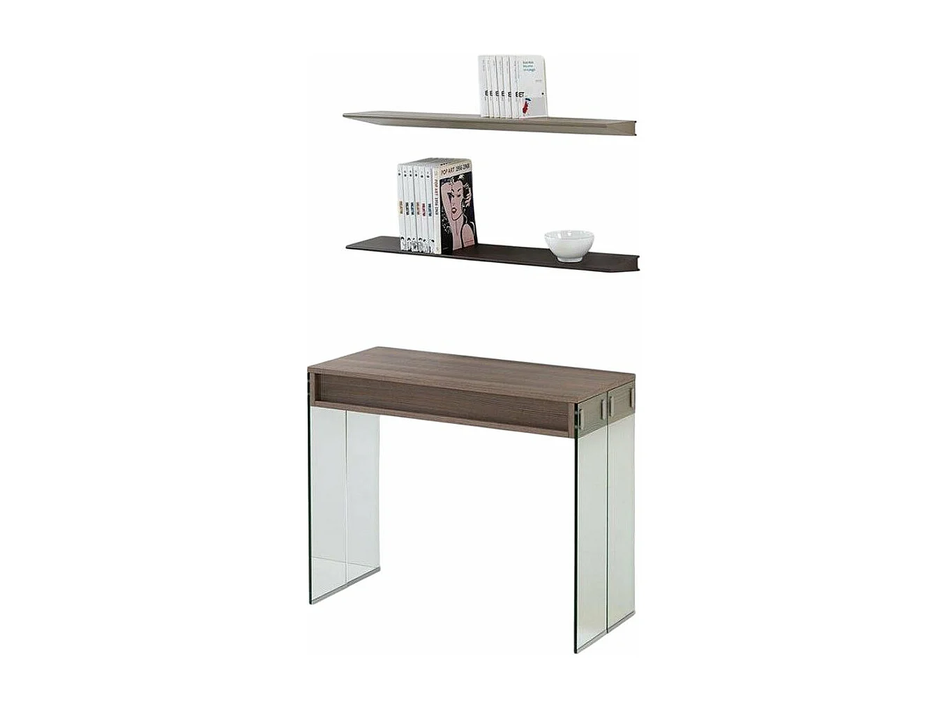Table console extensible 45 à 270 cm STEF XL 10 couverts piétement verre clair plateau noyer