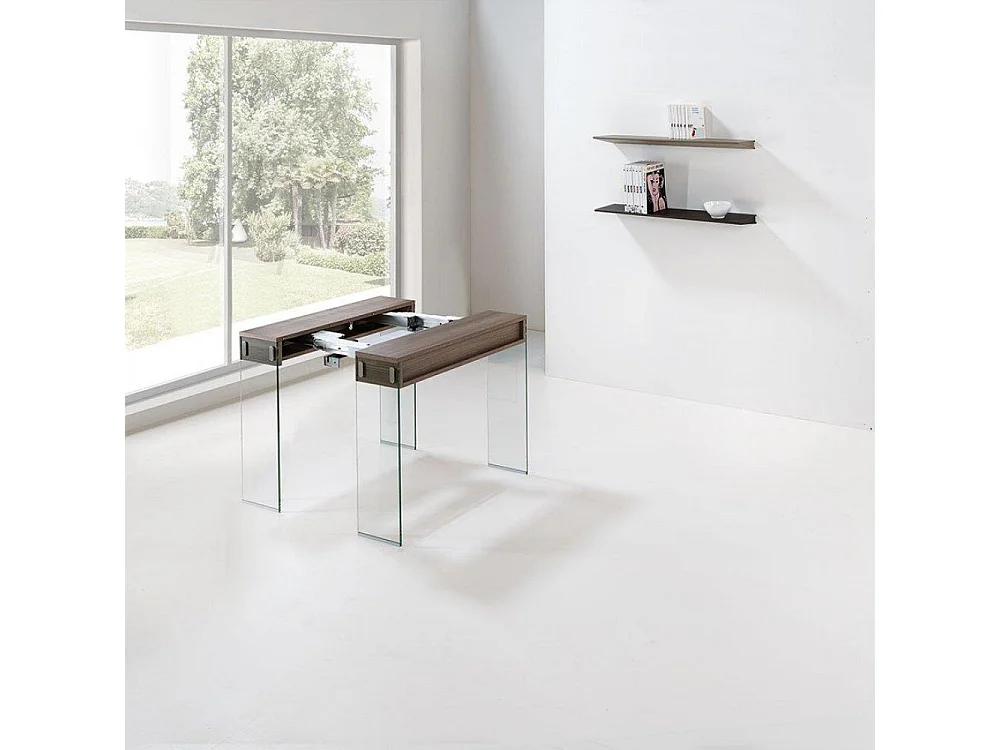 Table console extensible 45 à 270 cm STEF XL 10 couverts piétement verre clair plateau noyer