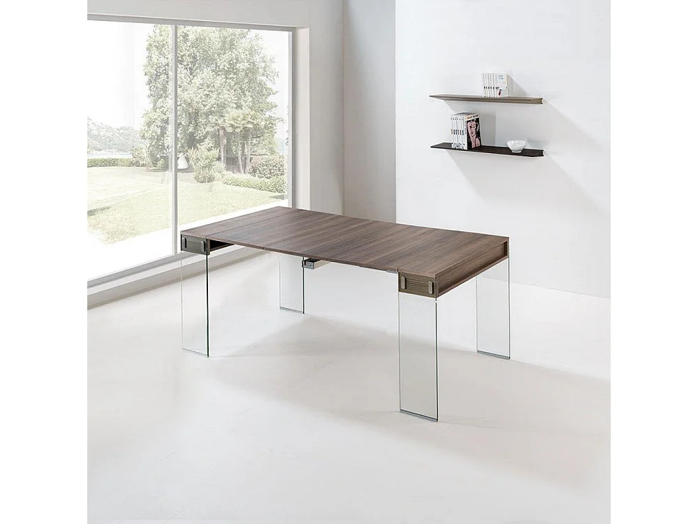 Table console extensible 45 à 270 cm STEF XL 10 couverts piétement verre clair plateau noyer