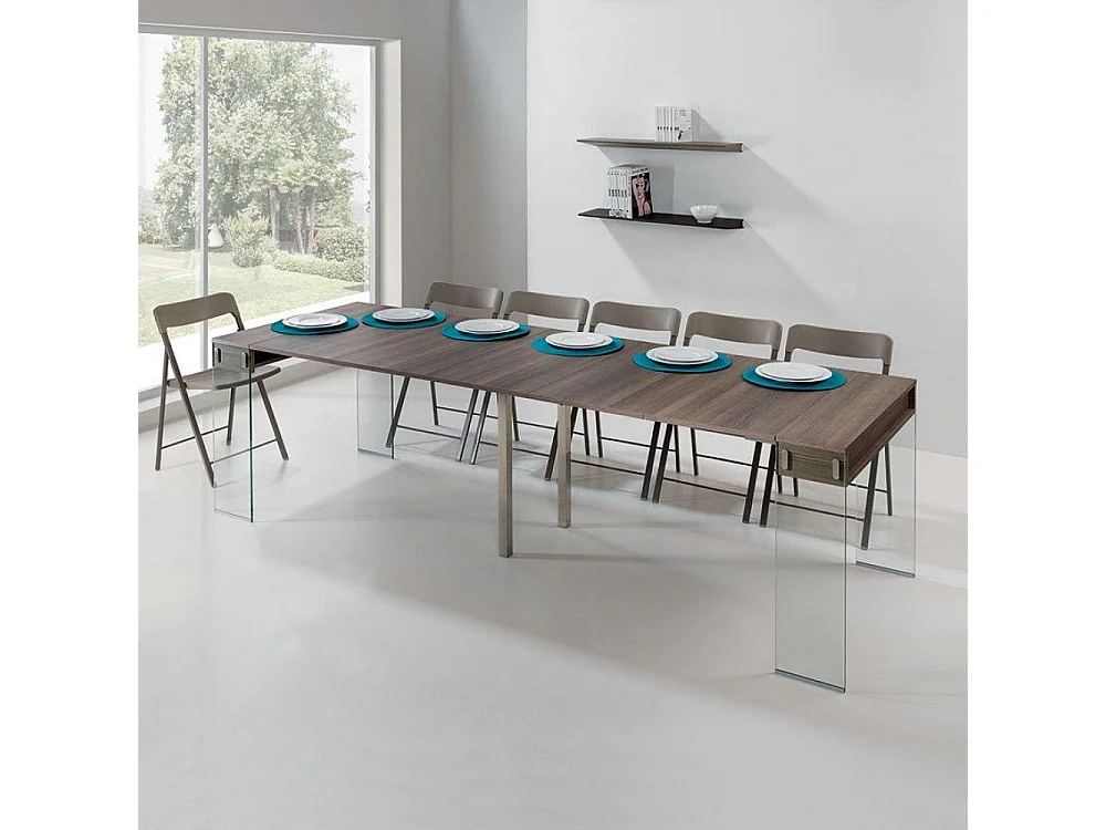 Table console extensible 45 à 270 cm STEF XL 10 couverts piétement verre clair plateau noyer