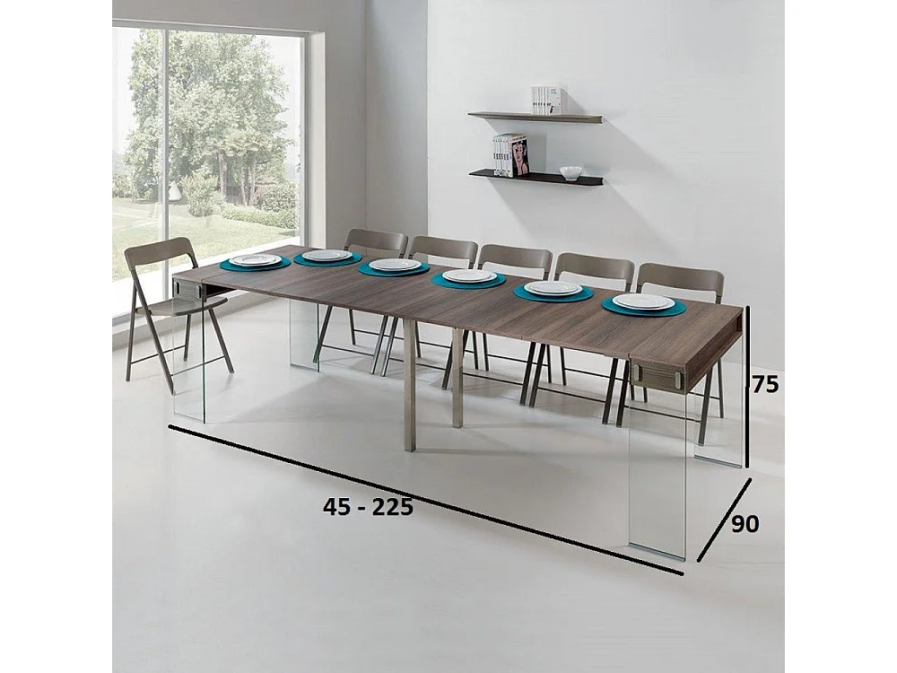 Table console extensible 45 à 270 cm STEF XL 10 couverts piétement verre clair plateau noyer