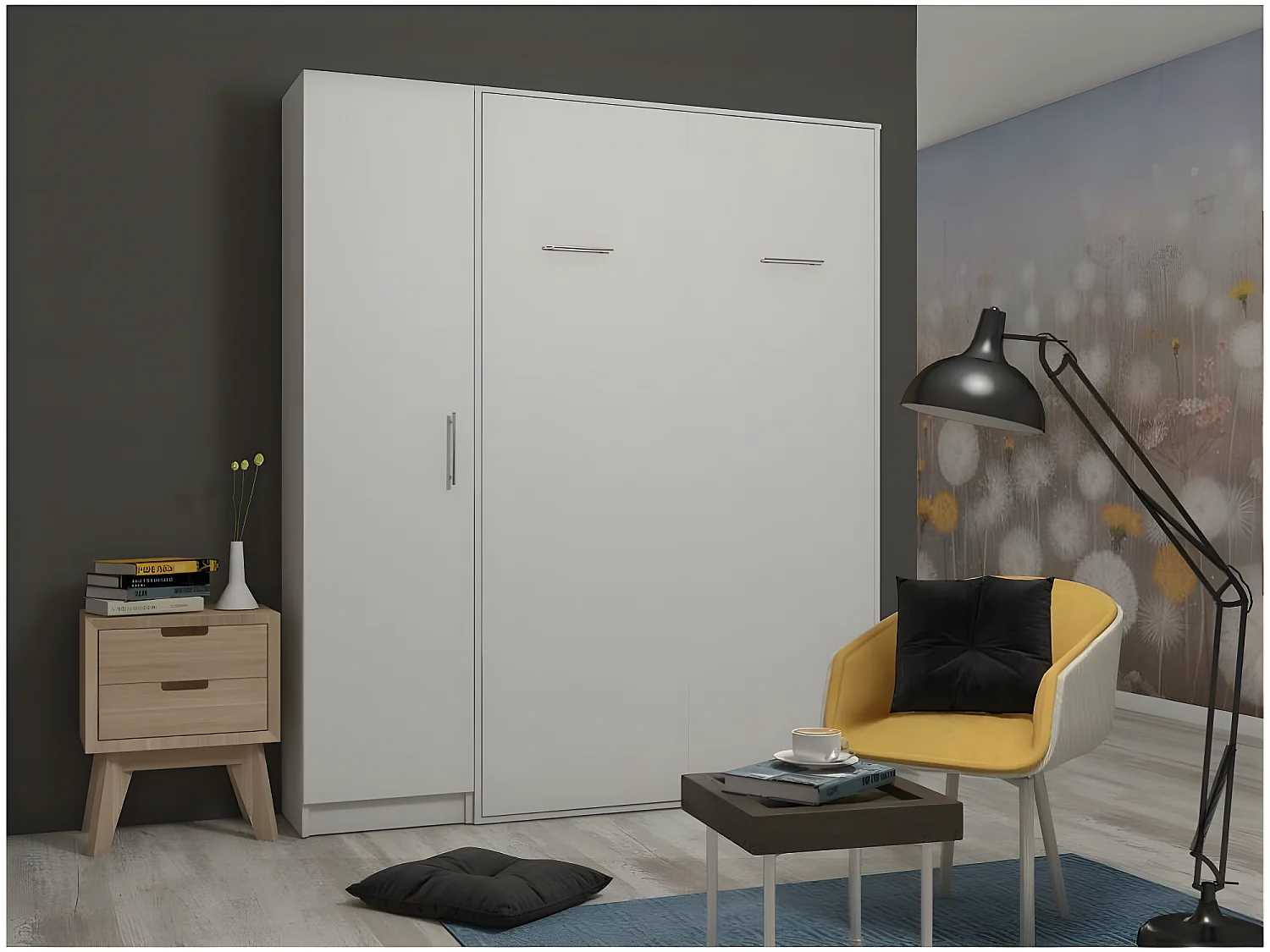 Composition armoire lit escamotable SMART-V2 blanc mat Couchage 160 x 200 cm colonne armoire