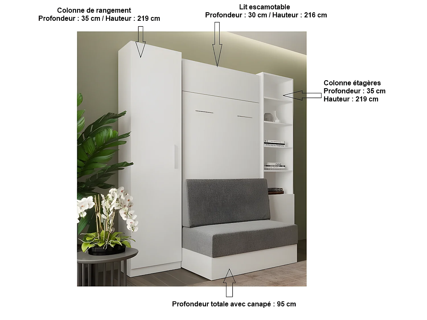 Composition lit escamotable blanc DYNAMO SOFA canapé intégré gris 90*200 cm L : 201 cm
