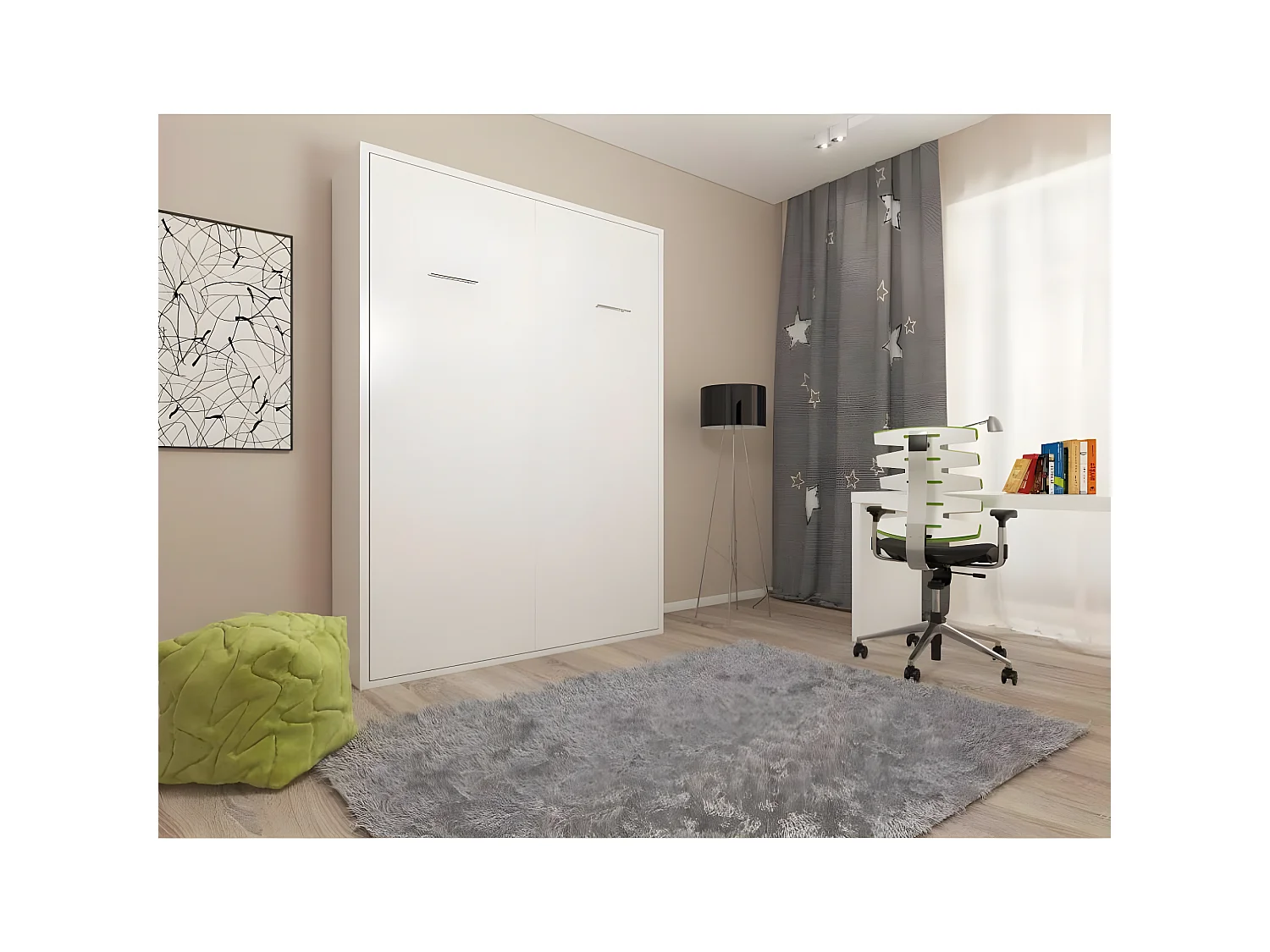 Armoire lit escamotable SMART-V2 blanc mat couchage 160*200 cm.