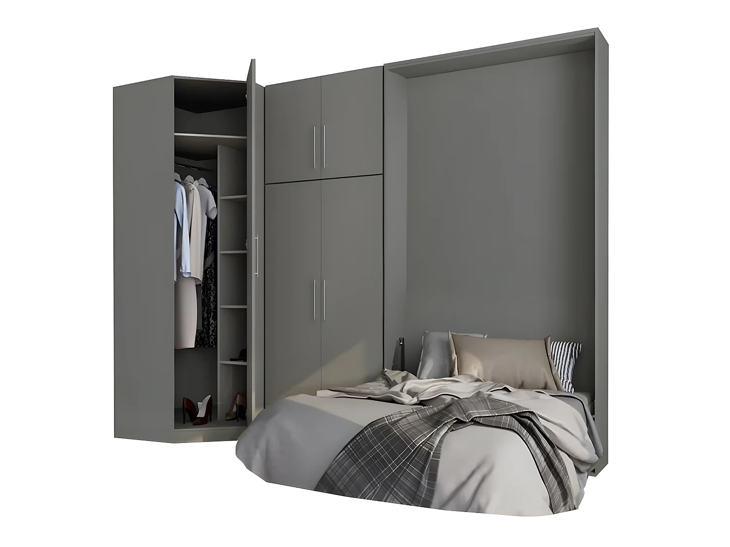 Composition armoire lit escamotable SMART-V2 gris mat Couchage 160 x 200 cm armoire 2 portes + angle