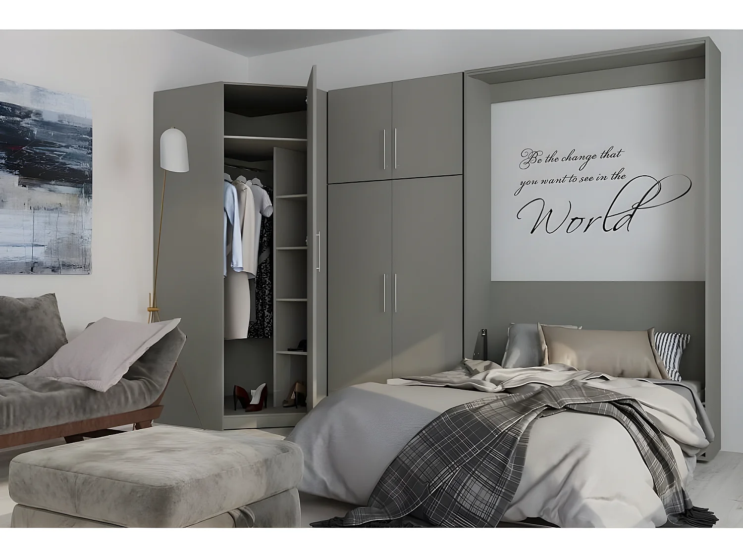 Composition armoire lit escamotable SMART-V2 gris mat Couchage 160 x 200 cm armoire 2 portes + angle