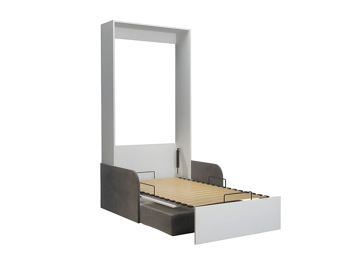 Armoire lit escamotable DYNAMO SOFA blanc canapé + accoudoirs tissu gris 90*200 cm