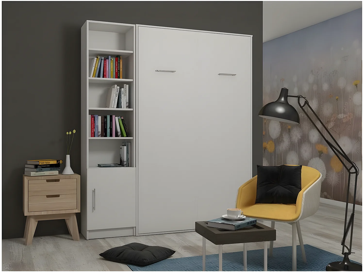 Composition armoire lit escamotable SMART-V2 blanc mat Couchage 160 x 200 cm