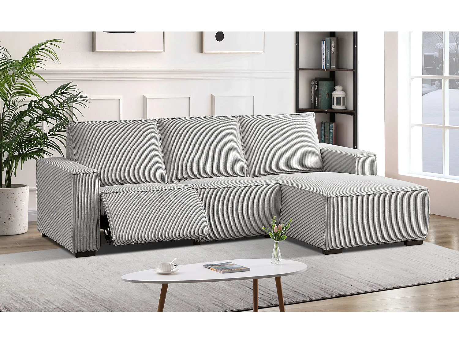 Canapé d'angle à droite Camelio fonction relax électrique Velours côtelé Gris clair