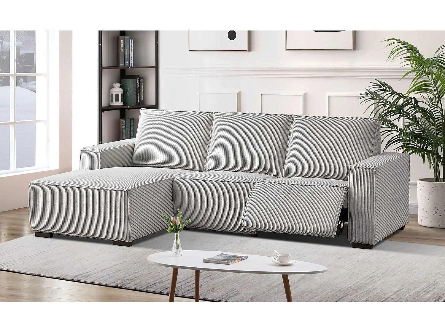 Canapé d'angle à gauche Camelio fonction relax électrique Velours côtelé Gris clair