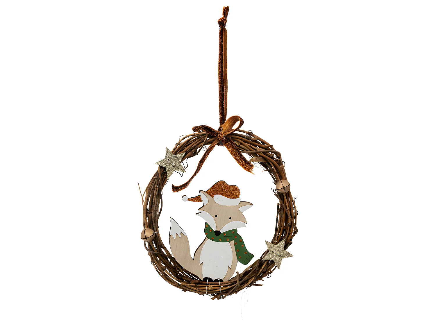 Sujet de Noël Renard en bois dans Couronne en rotin