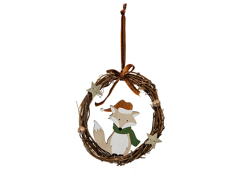 Sujet de Noël Renard en bois dans Couronne en rotin