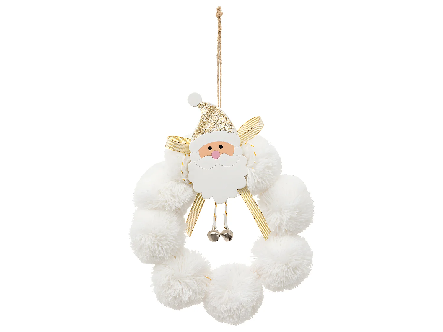 Déco de Sapin Père Noël dans Couronne de pompon Blanc