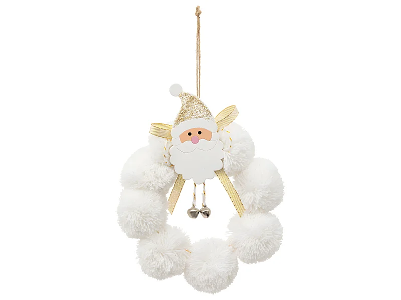 Déco de Sapin Père Noël dans Couronne de pompon Blanc