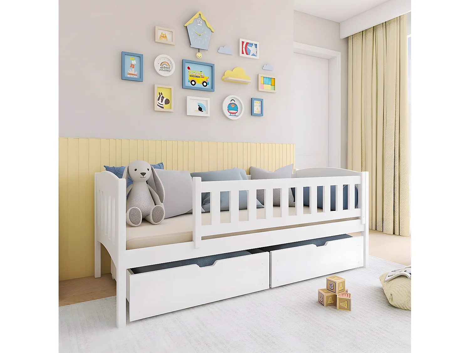 Lit 90x200 sommier et tiroirs inclus Samuel Blanc