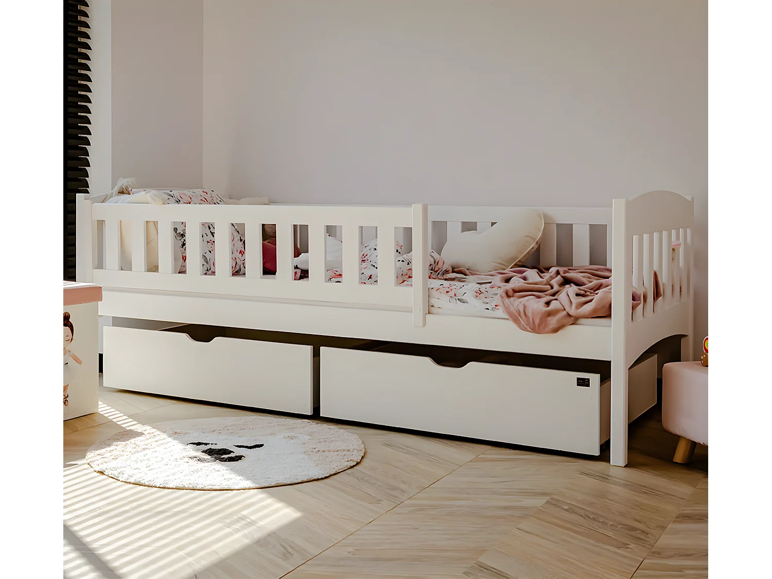 Lit 90x200 sommier et tiroirs inclus Samuel Blanc