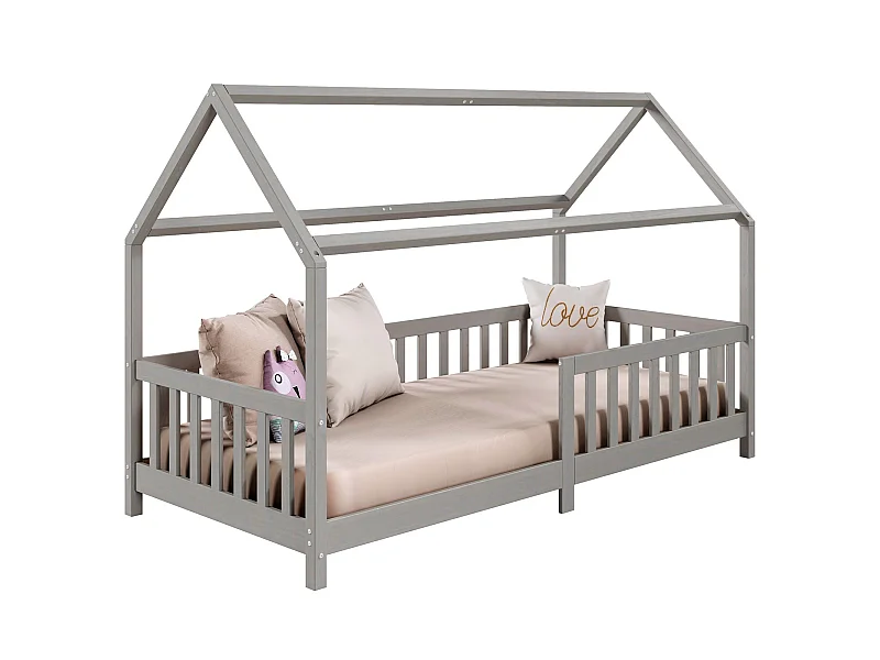 Lit cabane NINA lit enfant simple montessori en bois 90 x 190 cm, en pin massif lasuré gris