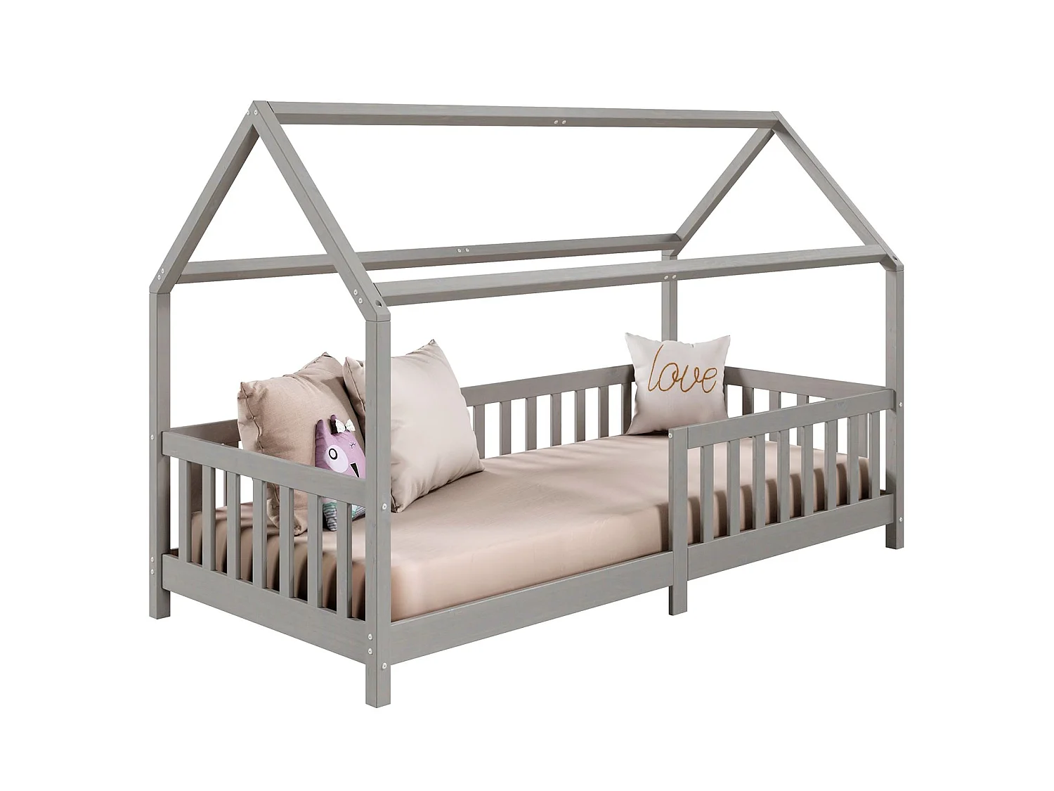 Lit cabane NINA lit enfant simple montessori en bois 90 x 190 cm, en pin massif lasuré gris