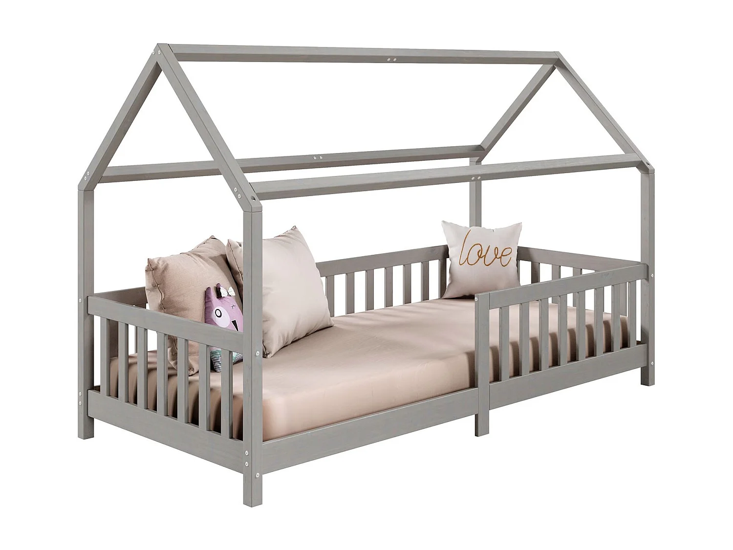 Lit cabane NINA lit enfant simple montessori en bois 90 x 190 cm, en pin massif lasuré gris