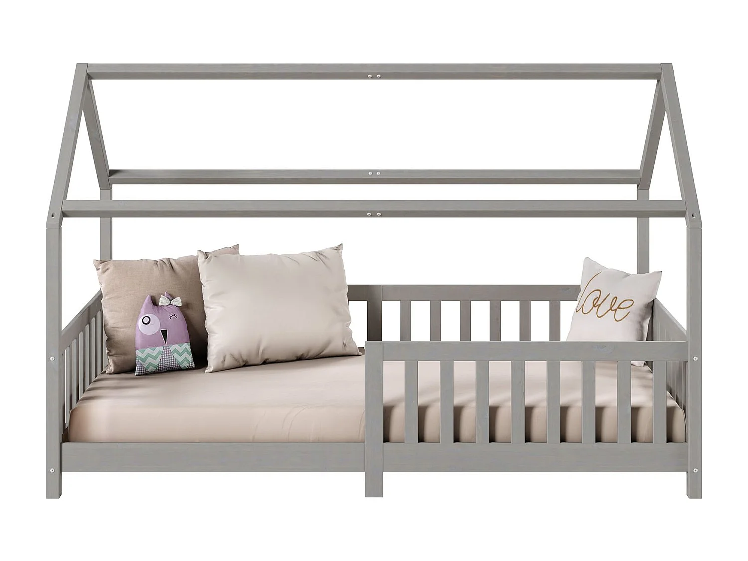 Lit cabane NINA lit enfant simple montessori en bois 90 x 190 cm, en pin massif lasuré gris