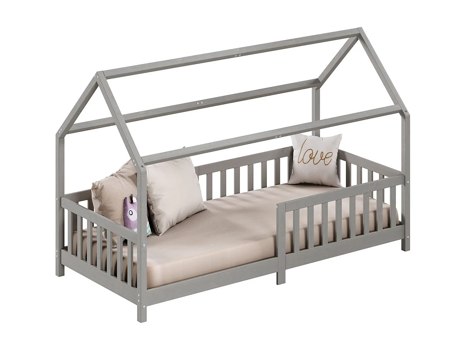 Lit cabane NINA lit enfant simple montessori en bois 90 x 190 cm, en pin massif lasuré gris