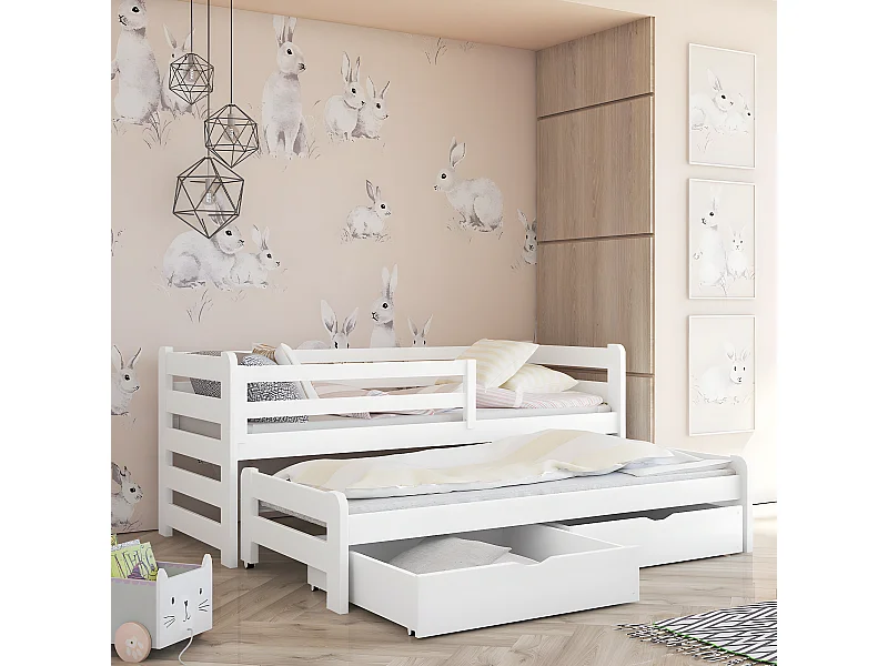 Lit 90x200 sommier lit gigogne et tiroirs inclus Jordan Blanc