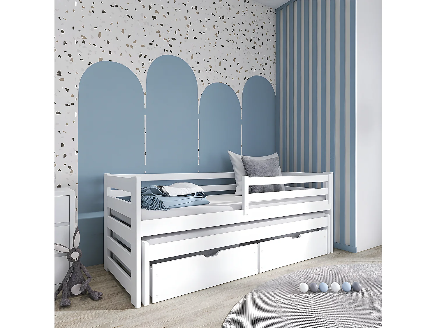 Lit 90x200 sommier lit gigogne et tiroirs inclus Jordan Blanc