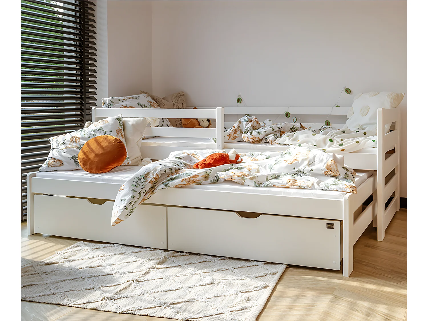 Lit 90x200 sommier lit gigogne et tiroirs inclus Jordan Blanc