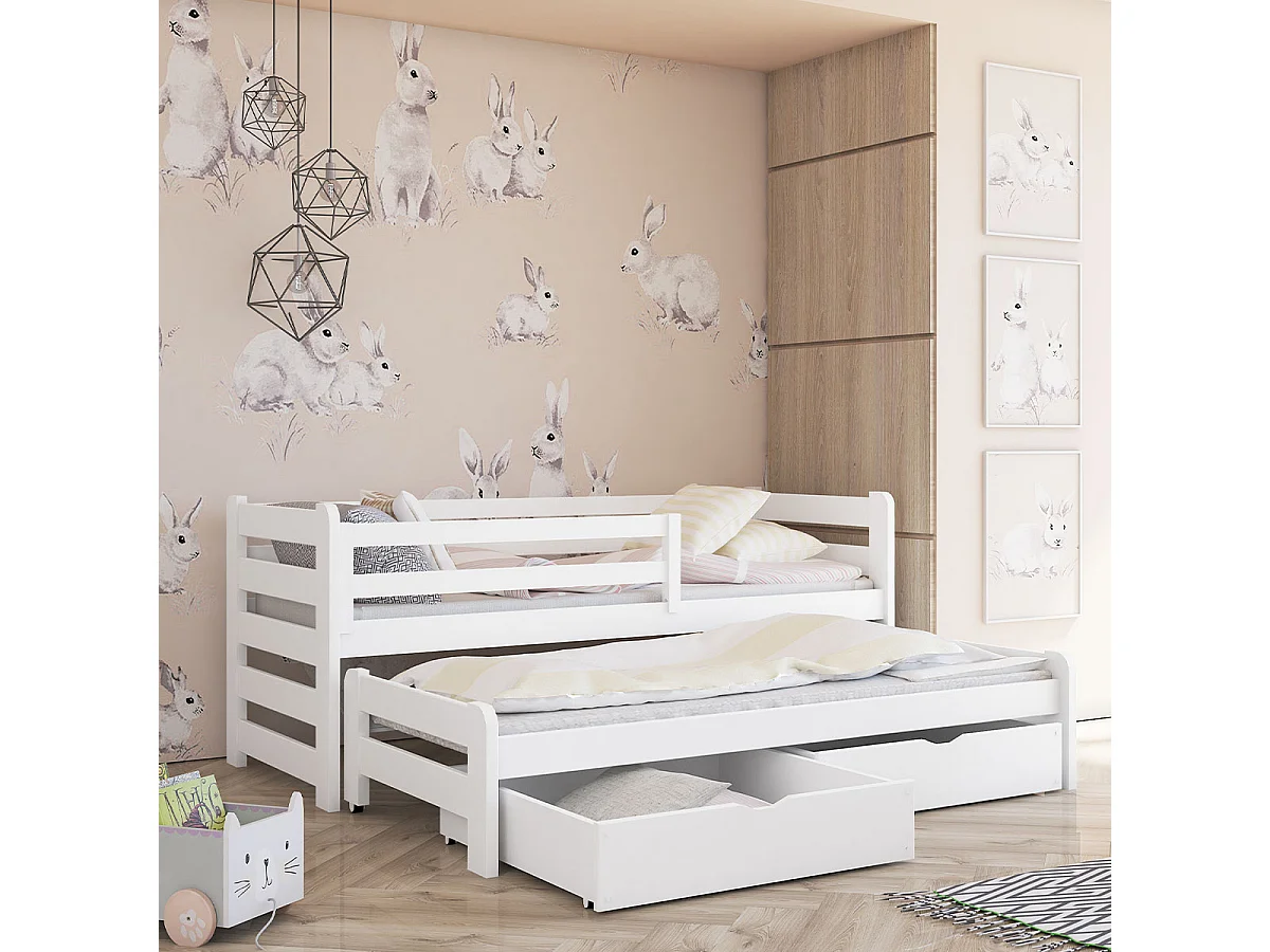 Lit 90x200 sommier lit gigogne et tiroirs inclus Jordan Blanc