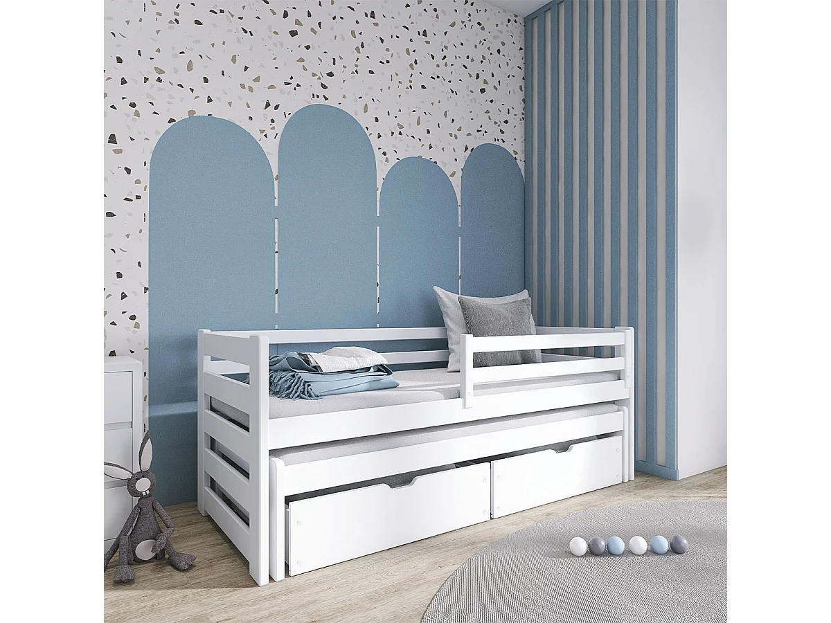 Lit 90x200 sommier lit gigogne et tiroirs inclus Jordan Blanc