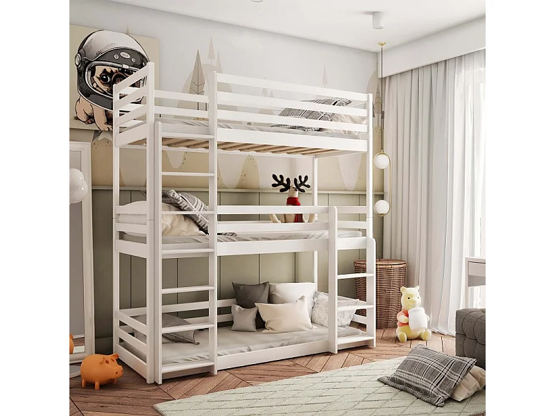 Lit enfant triple superposé bois blanc 90x200cm