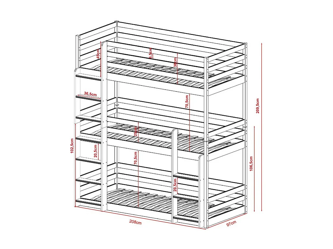 Lit enfant triple superposé bois blanc 90x200cm
