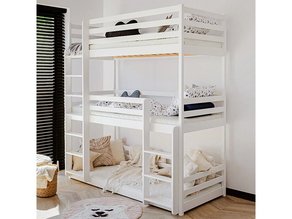 Lit enfant triple superposé bois blanc 90x200cm