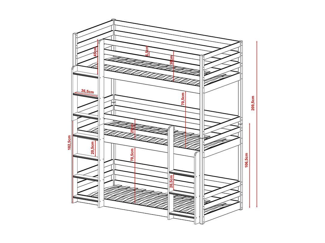 Lit enfant triple superposé bois blanc 90x200cm