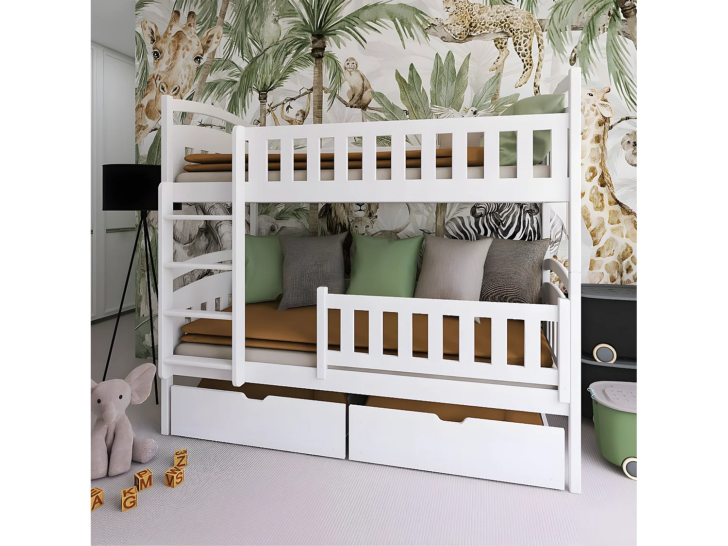 Lit superposé 90x200 sommier et tiroirs inclus Jules Blanc