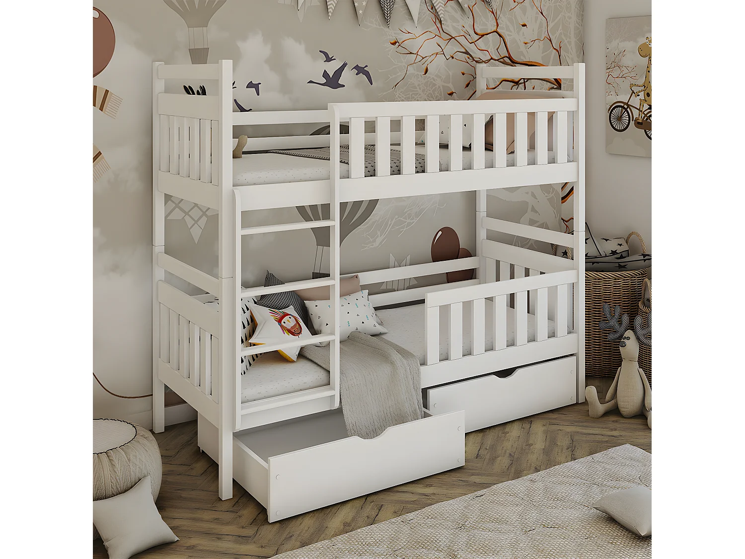 Lit superposé 90x200 sommier et tiroirs inclus Damien Blanc