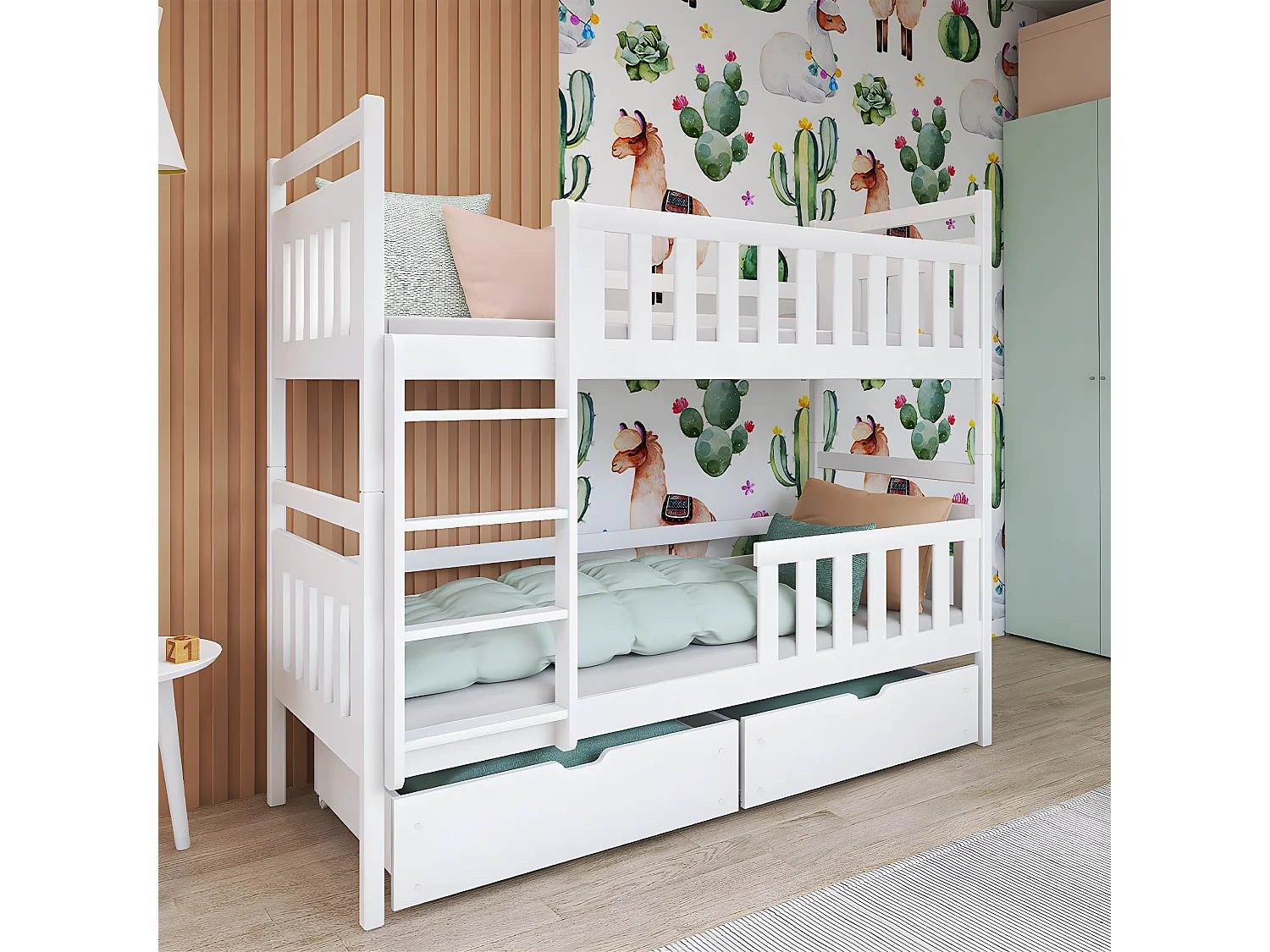 Lit superposé 90x200 sommier et tiroirs inclus Damien Blanc