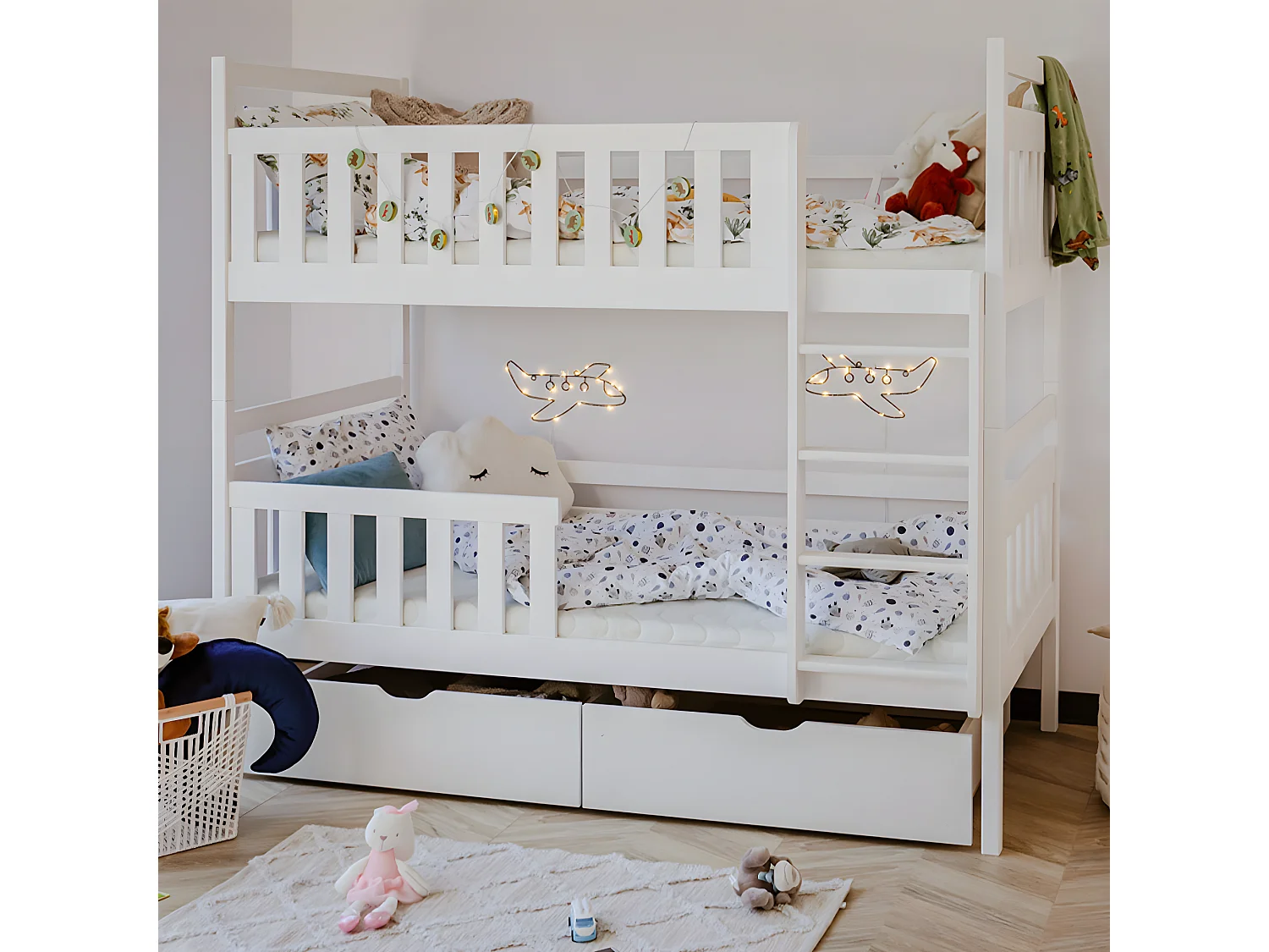 Lit superposé 90x200 sommier et tiroirs inclus Damien Blanc