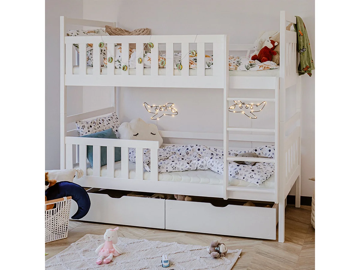 Lit superposé 90x200 sommier et tiroirs inclus Damien Blanc