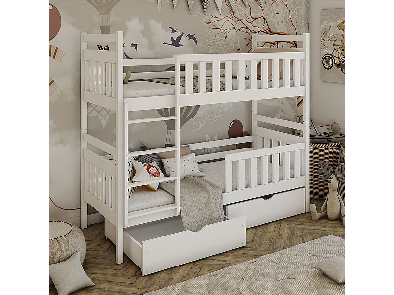 Lit superposé 90x200 sommier et tiroirs inclus Damien Blanc