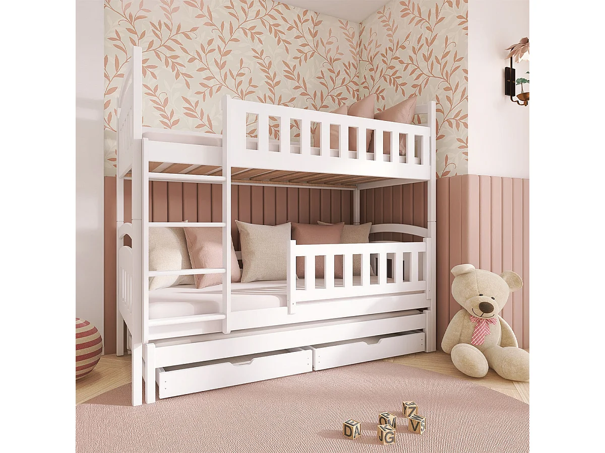 Lit superposé 90x200 sommier lit gigogne et tiroirs inclus Jules Blanc