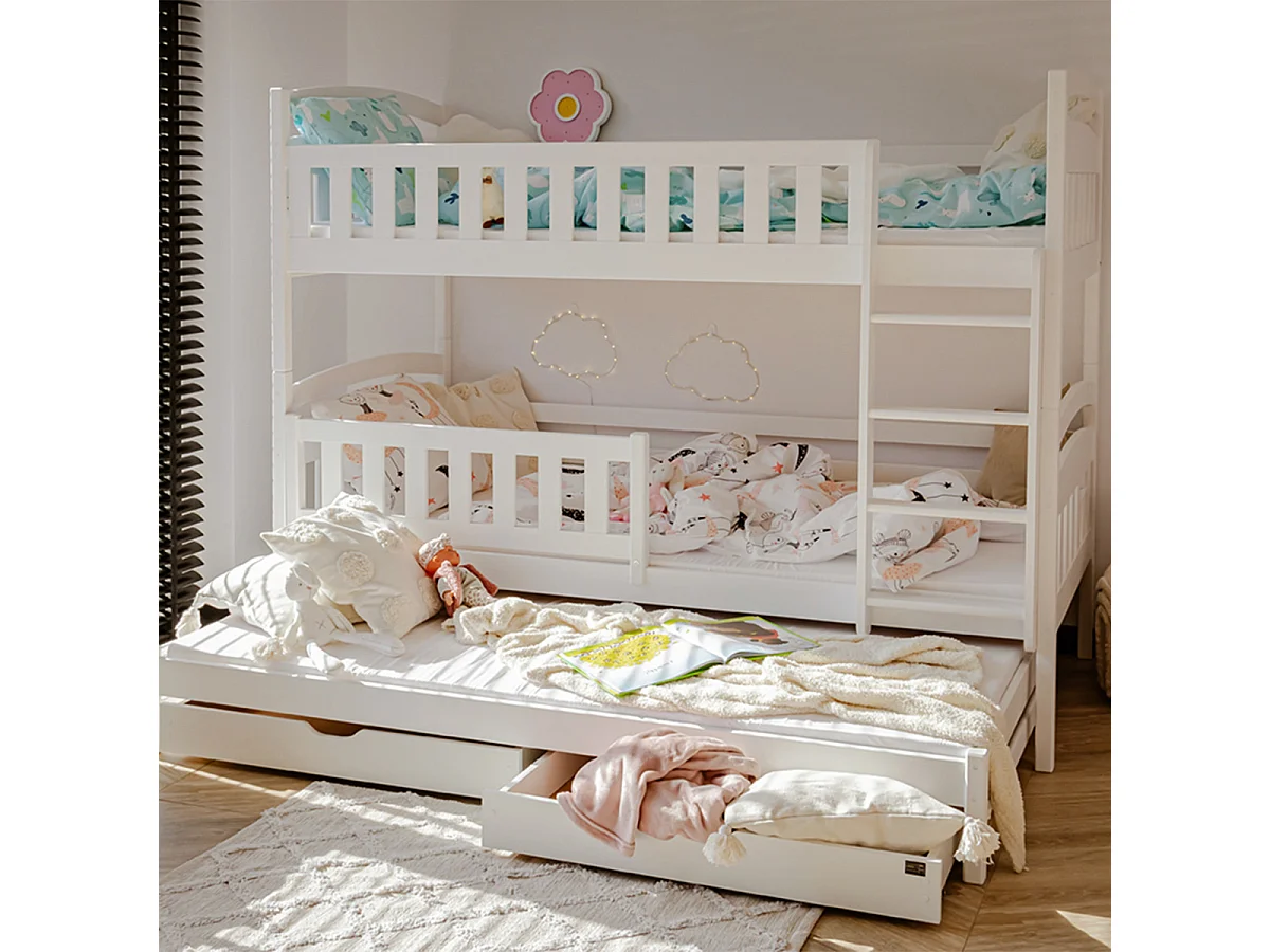 Lit superposé 90x200 sommier lit gigogne et tiroirs inclus Jules Blanc