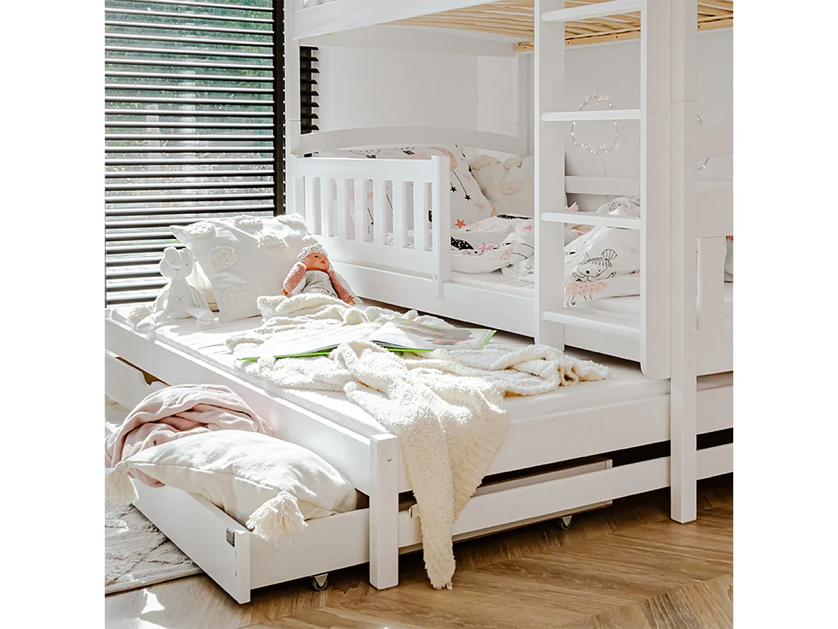 Lit superposé 90x200 sommier lit gigogne et tiroirs inclus Jules Blanc