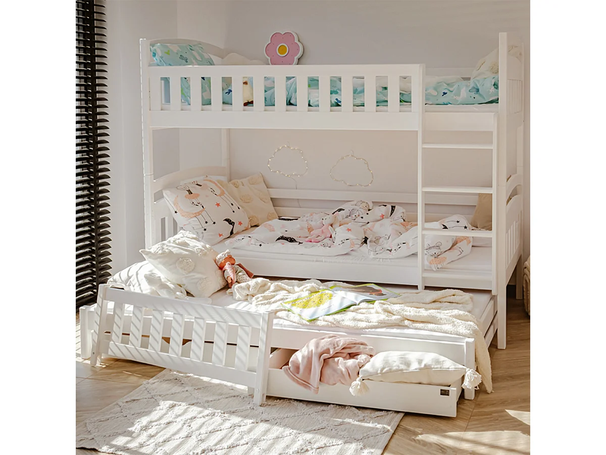 Lit superposé 90x200 sommier lit gigogne et tiroirs inclus Jules Blanc