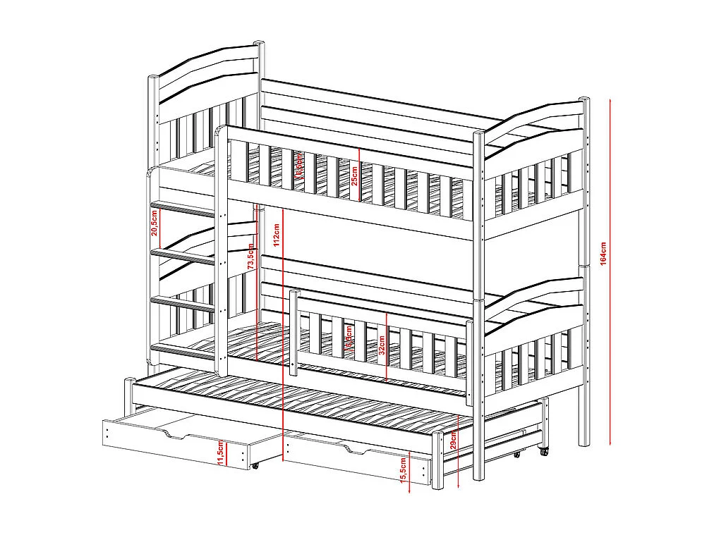 Lit superposé 90x200 sommier lit gigogne et tiroirs inclus Jules Blanc