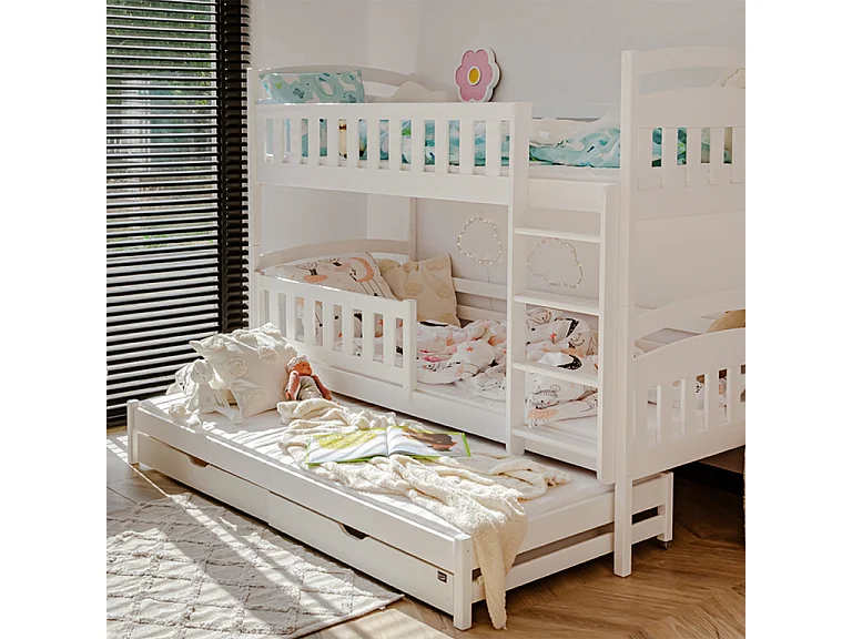 Lit superposé 90x200 sommier lit gigogne et tiroirs inclus Jules Blanc