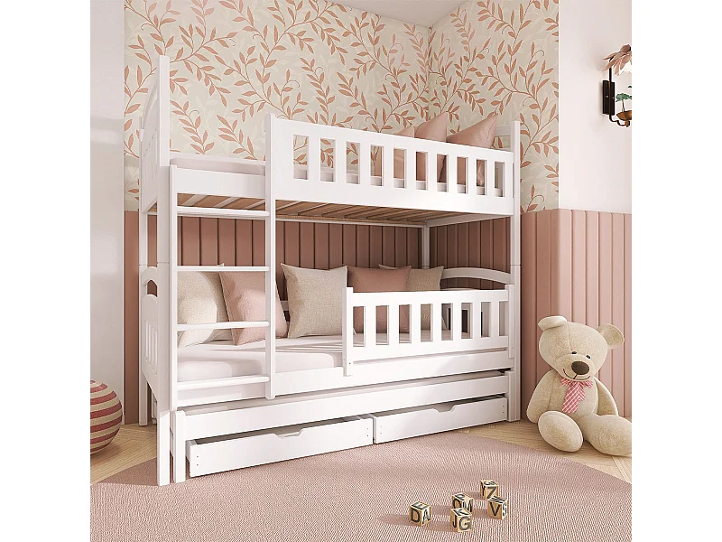 Lit superposé 90x200 sommier lit gigogne et tiroirs inclus Jules Blanc