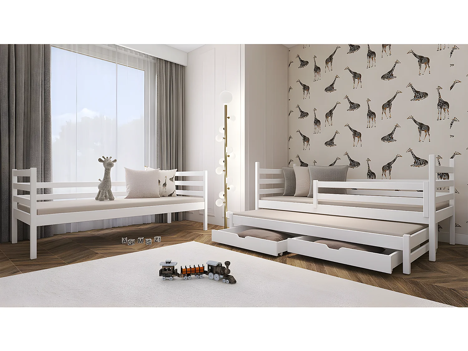 Lit superposé 90x200 sommier lit gigogne et tiroirs inclus Léo Blanc